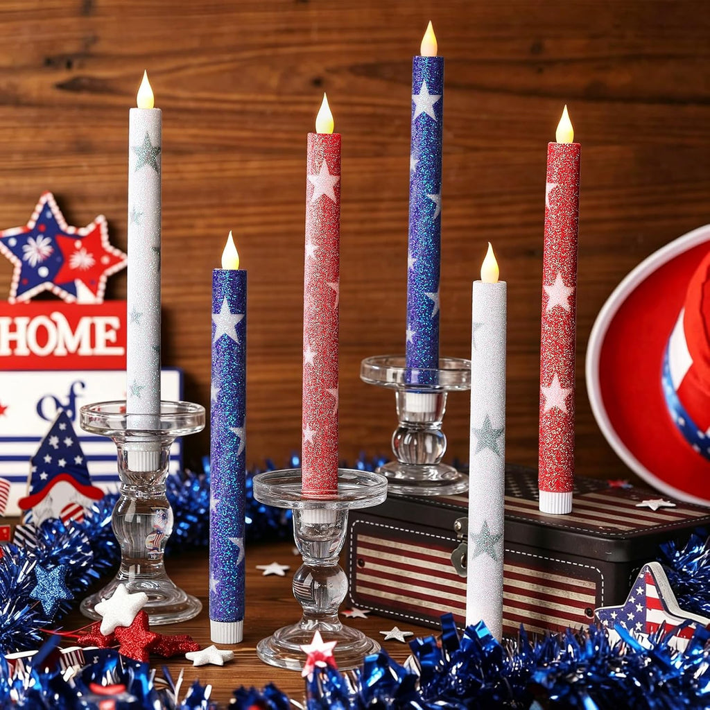 6 Pcs Patriotic Flameless Taper Candles, Glitter Red White and Blue Star Candles for 4th of July 250th Anniversary of Independence Day Home Party Decor, Battery Operated LED Candlesticks