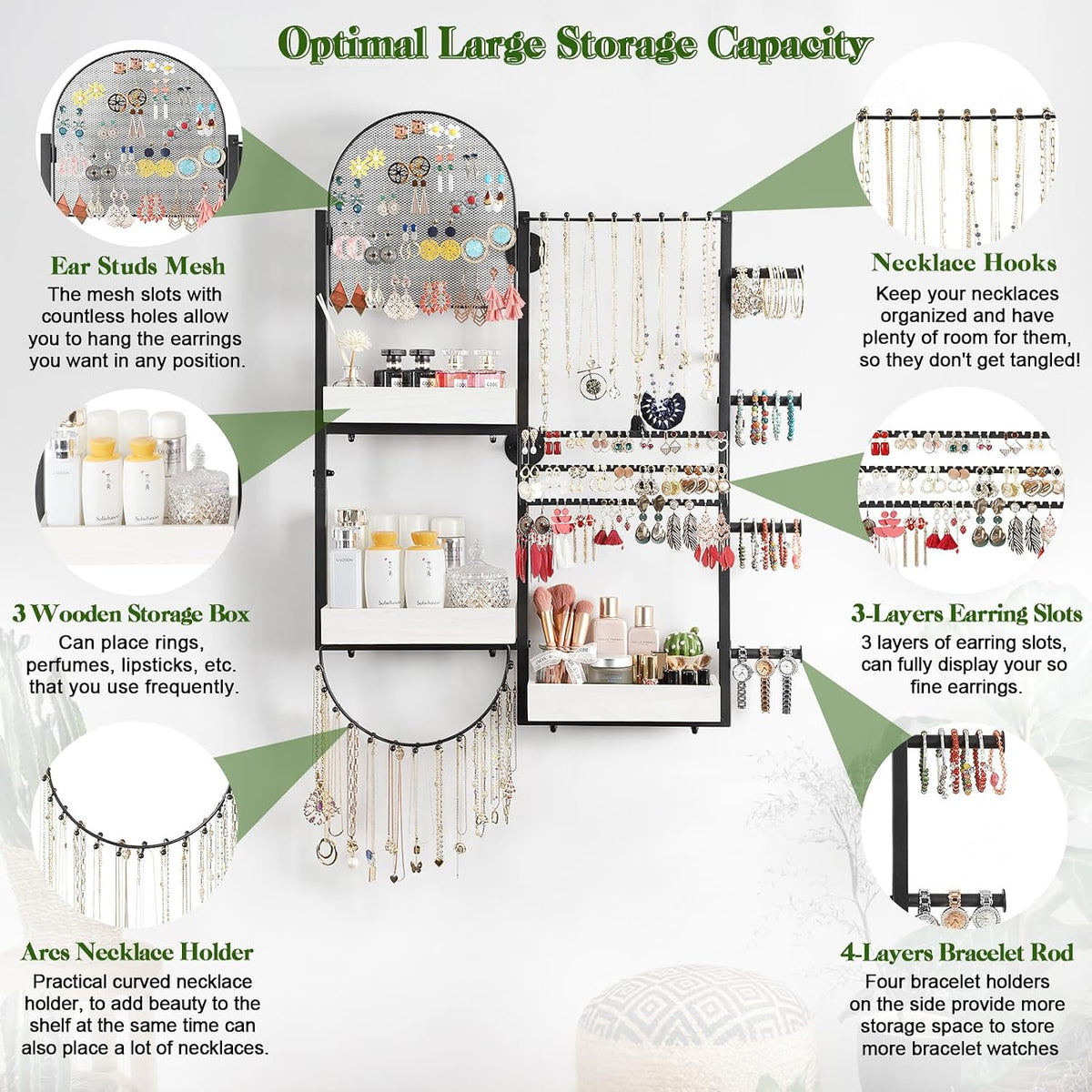 Keebofly Wall Mount Hanging Jewelry Organizer - Large Display Holder for Earrings, Rings, Necklaces, Bracelets, Watches and Perfume - White