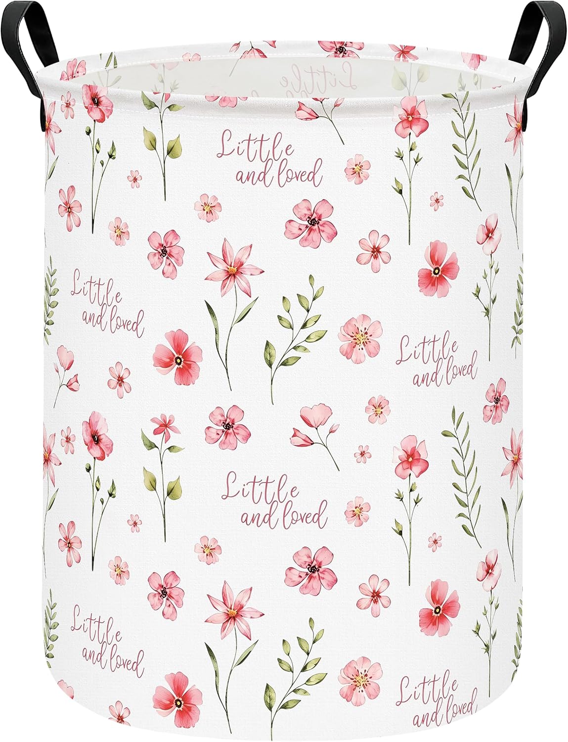 Round Laundry Hamper Large Canvas Fabric Storage Basket Pink Floral