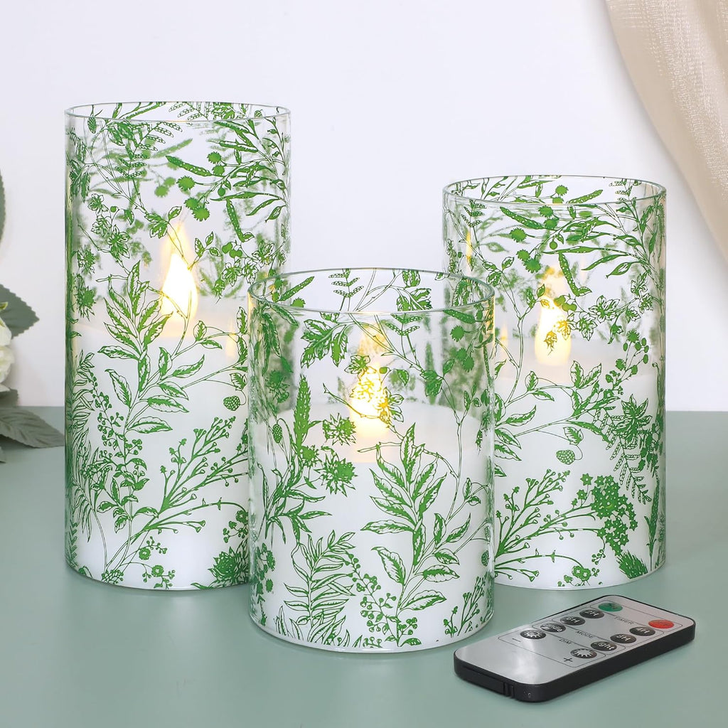 Green Botanical Glass Flameless Candles with Remote & Timer Fern Leaves Design Battery Operated Flickering Pillar LED Candles for St. Patrick's Day Home Party Decor Table Centerpiece