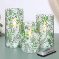 Green Botanical Glass Flameless Candles with Remote & Timer Fern Leaves Design Battery Operated Flickering Pillar LED Candles for St. Patrick's Day Home Party Decor Table Centerpiece