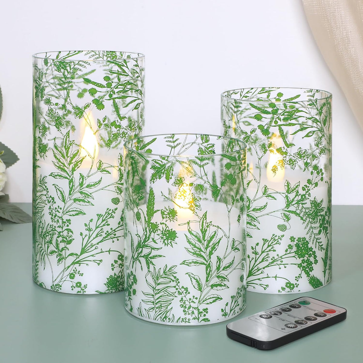 Green Botanical Glass Flameless Candles with Remote & Timer Fern Leaves Design Battery Operated Flickering Pillar LED Candles for St. Patrick's Day Home Party Decor Table Centerpiece