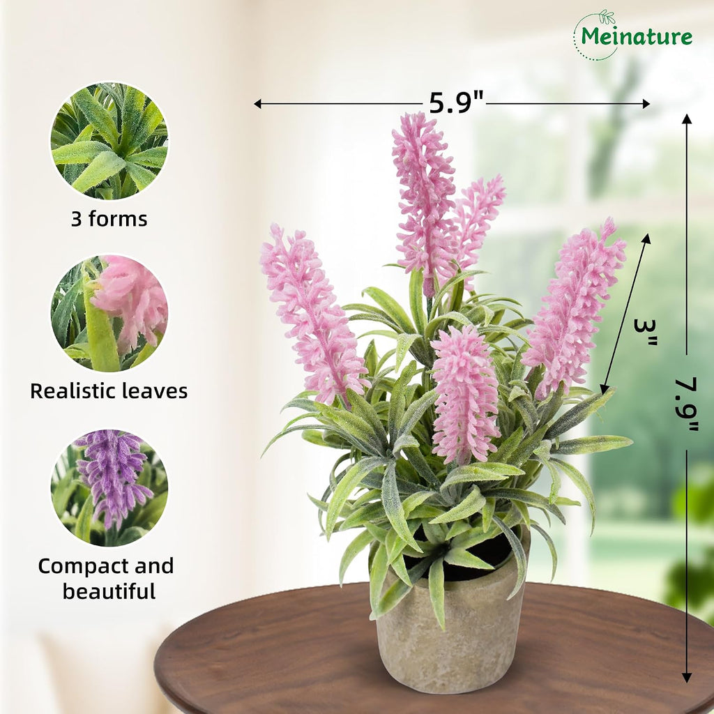 Artificial Lavender Flowers in Pot Set of 3, Fake Flowers Potted Plants for Home Decor Indoor, Small Faux Lavender Purple Pink White for Table Bedroom Bathroom Office