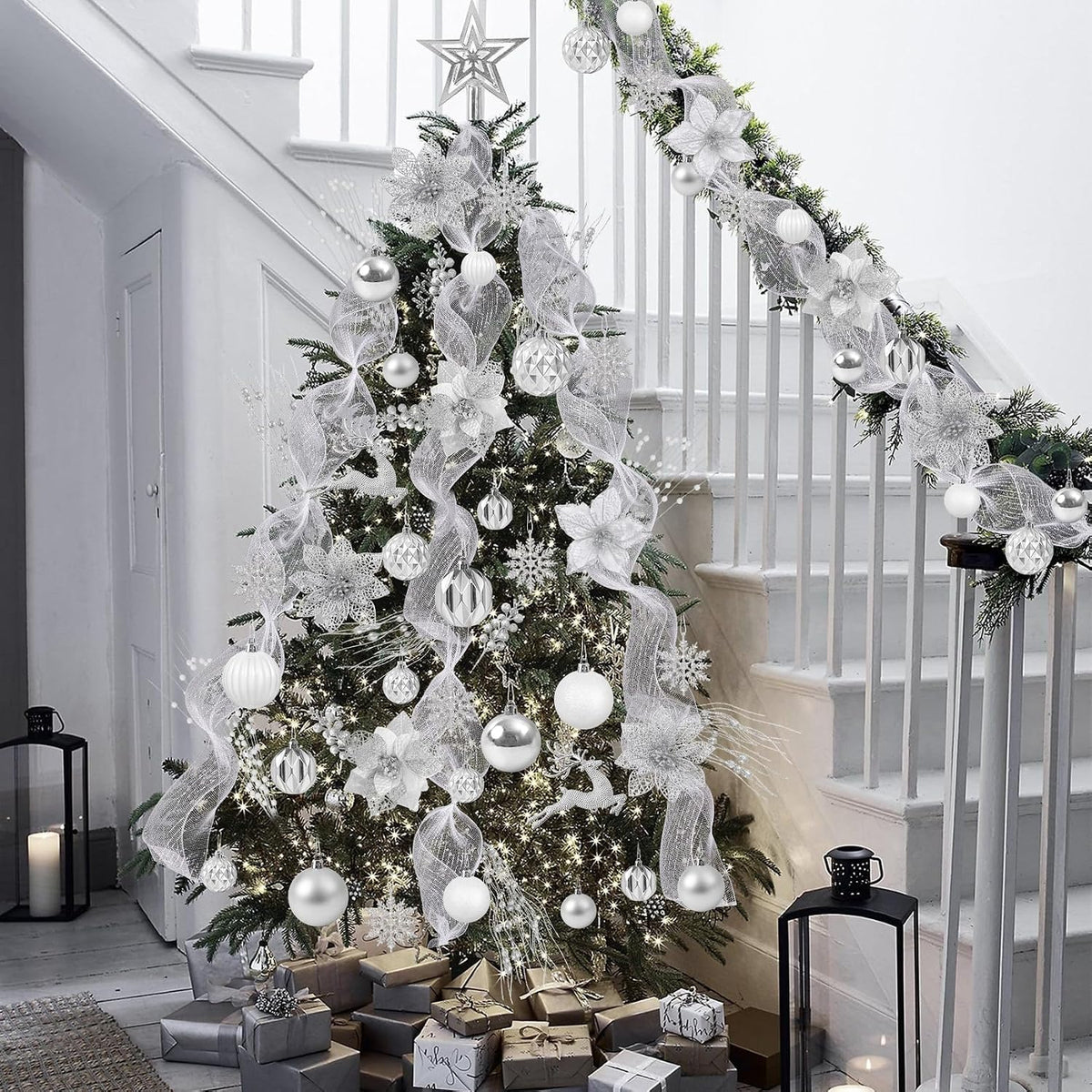 Ouddy Decor 105 Pcs Silver Christmas Tree Ball Ornaments Decorations Set