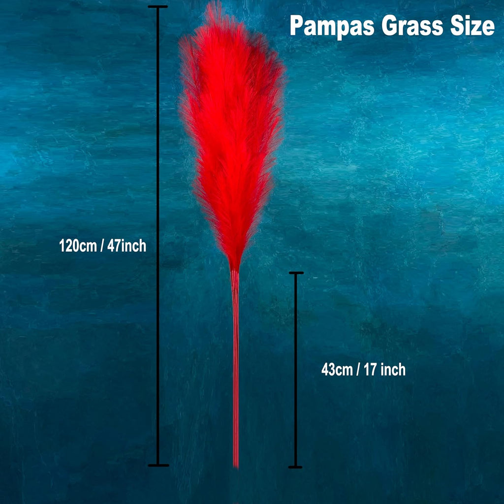 6 Pcs Artificial Pampas Grass Large, 47"/121cm Fake Faux Artificial Pampas Grass Decor Tall Stems Fluffy Pompous Pompass Branch Floor Vase Filler for Home Decor Boho Decor Wedding Red