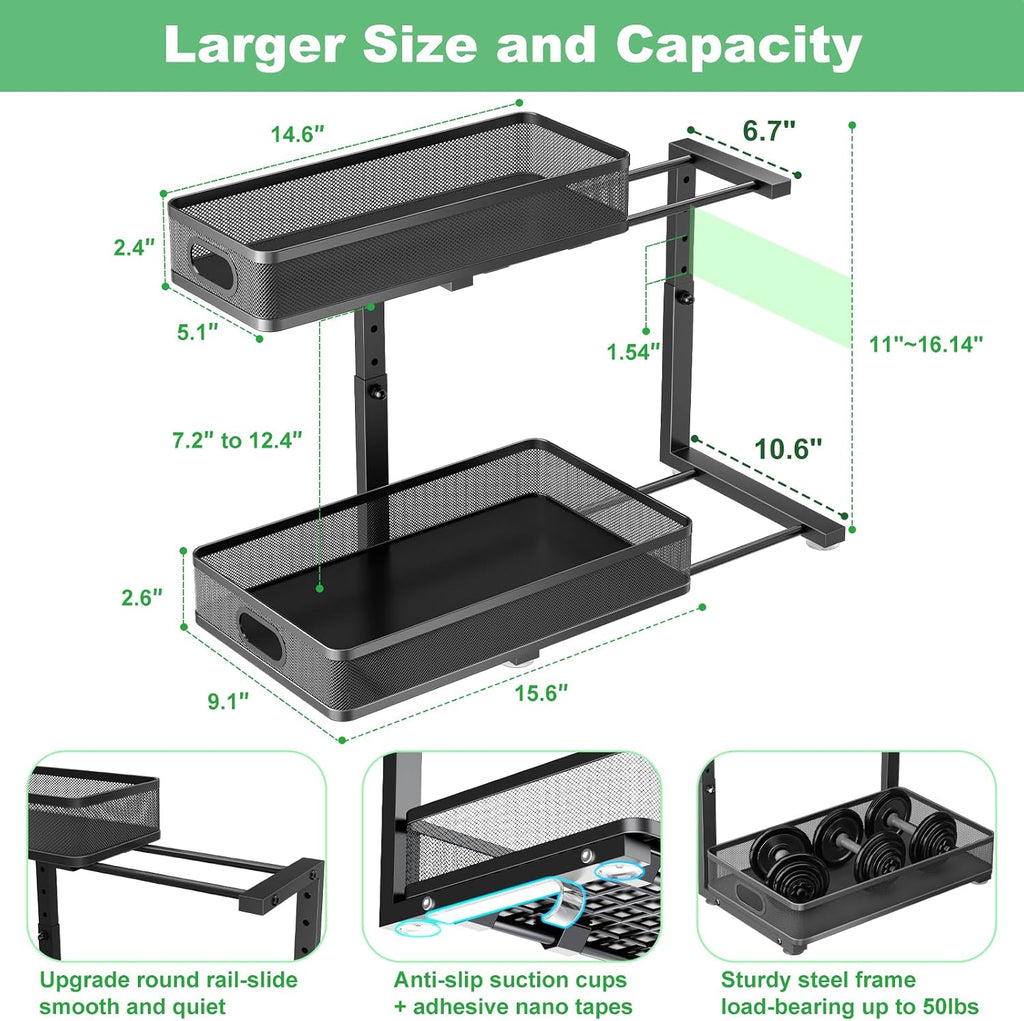 Under Sink Organizer 2 Pack, High Adjustable 2 Tier Under Sink Organizers and Storage, Slide out Metal Cabinet Organizers, Pull out Storage Drawer Shelf for Kitchen Bathroom Cabinet (Black)