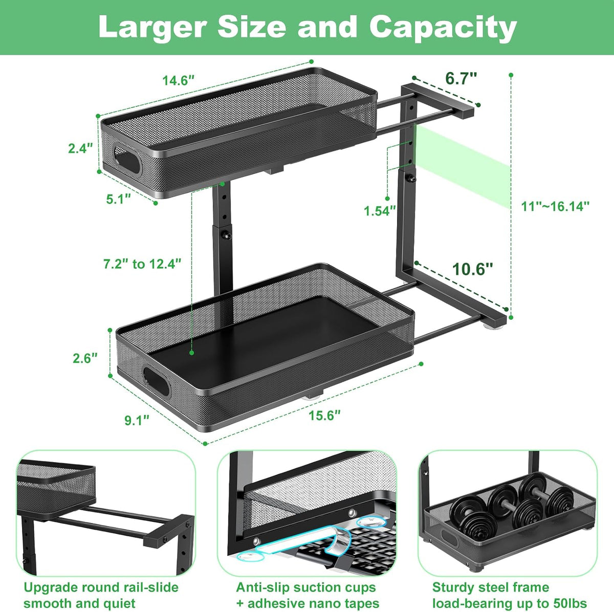 Under Sink Organizer 2 Pack, High Adjustable 2 Tier Under Sink Organizers and Storage, Slide out Metal Cabinet Organizers, Pull out Storage Drawer Shelf for Kitchen Bathroom Cabinet (Black)