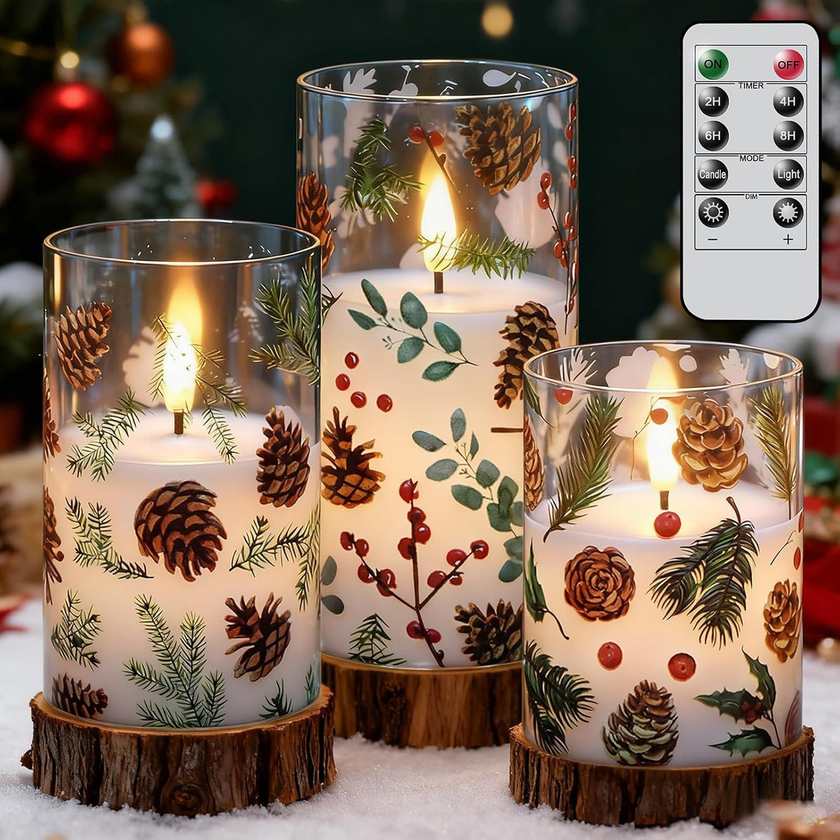 Christmas Pinecone LED Glass Flameless Candles Battery Operated Remote