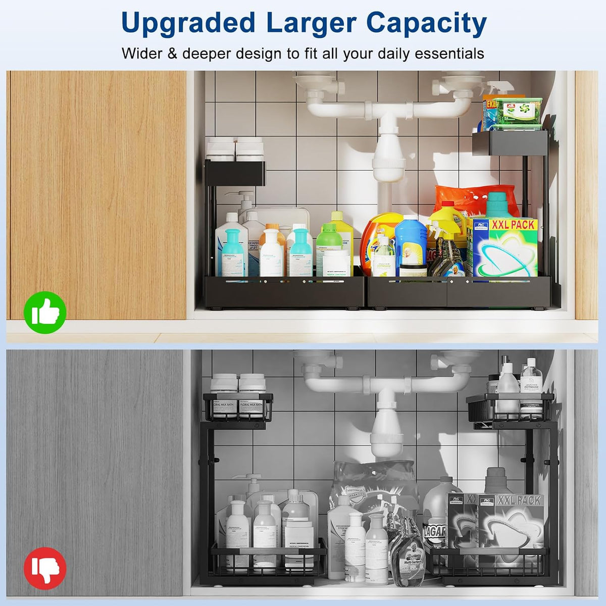 Insputer 2 Pack Under Sink Organizer, 2 Tier Under Cabinet Storage Expandable Width 9.8"-15" & Height Adjustable, Thickened Pull Out Shelf for Bathroom, Kitchen, Laundry, Pantry(Black)