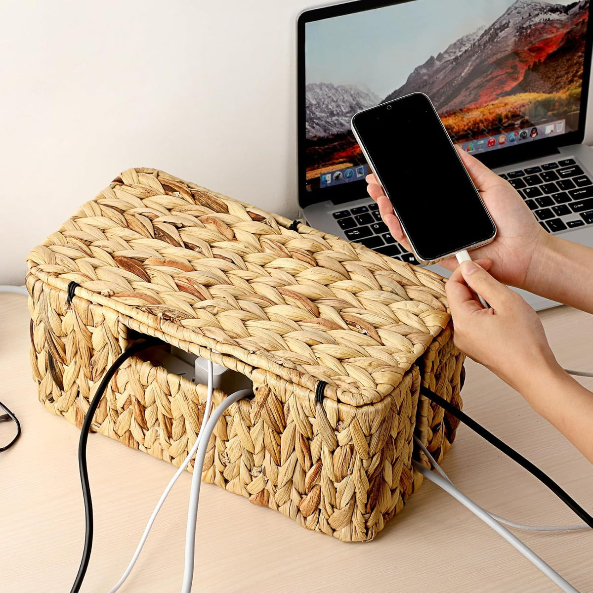 BTSKY Woven Cable Management Box with Lid Water Hyacinth Cord Organizer, L