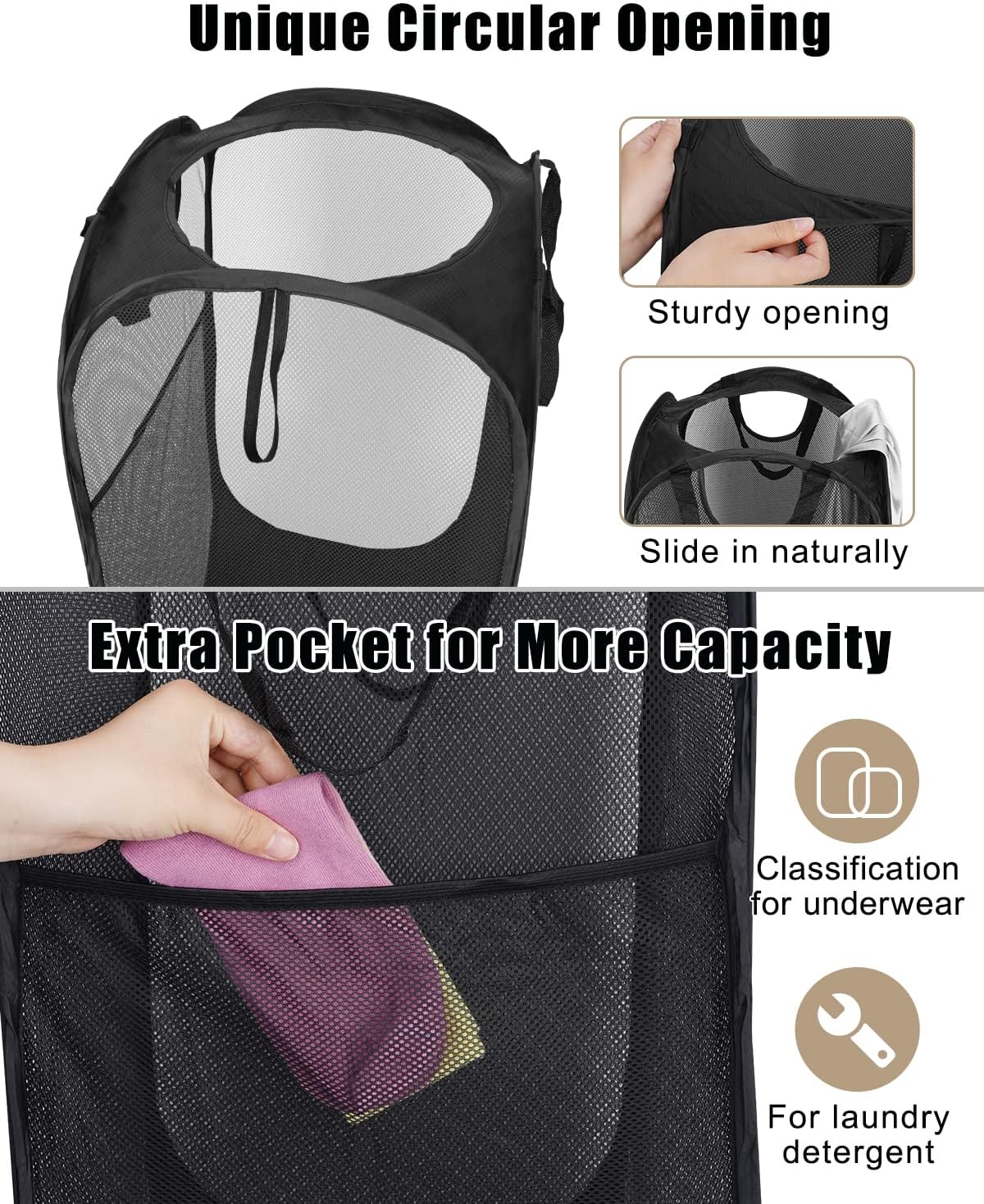HOUSE AGAIN Strong Mesh Pop Up Laundry Hamper, 70L Collapsible Laundry Basket with Steel Frame, Double‑Stitched Handles & Side Pocket, Foldable Dirty Clothes Hamper for Dorm, Bedroom, Black