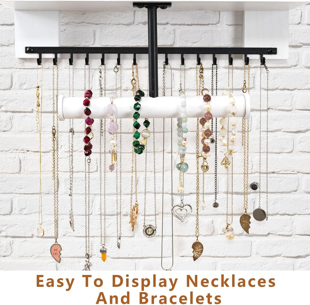 Pinzoveco Hanging Jewelry Organizer Wall Mounted With Wall Jewelry Organizer Holder For Necklaces Bracelet Earrings Ring (White)