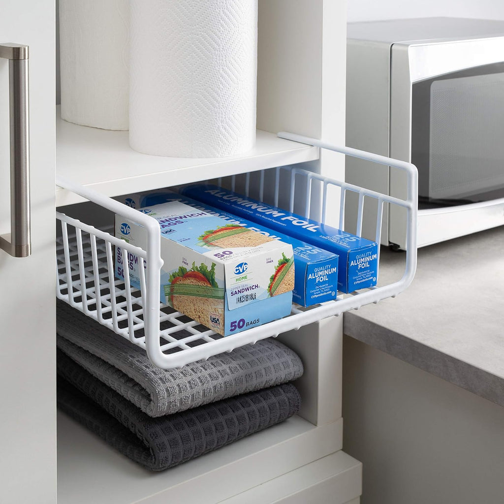 Organize It All Under Shelf Hanging Basket White Wire Rack | Dimensions : 13.5 x 12.5 x 5.13 inches | Great for Kitchen | Kitchen Storage | White