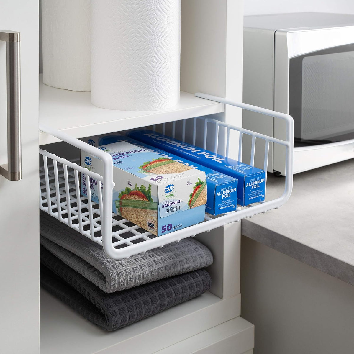 Organize It All Under Shelf Hanging Basket White Wire Rack | Dimensions : 13.5 x 12.5 x 5.13 inches | Great for Kitchen | Kitchen Storage | White