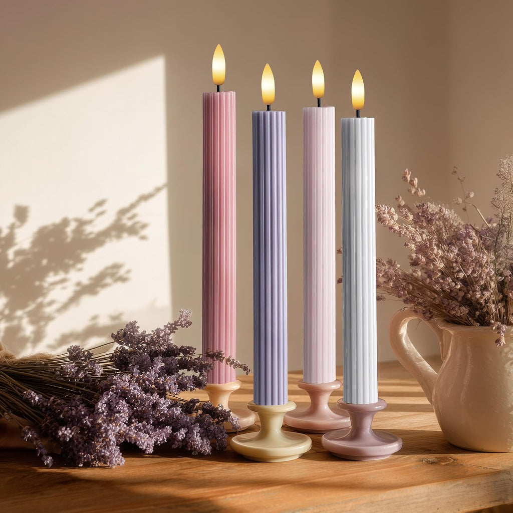 Coordinated Dusty Mauve Pinkish Lilac 4 Pack, 10" Real Wax LED Flameless Fluted Ribbed Grooved Taper Candles, Remote & Timer Memory, On/Off Button, Dimmable, Battery Operated, Menorah Wedding