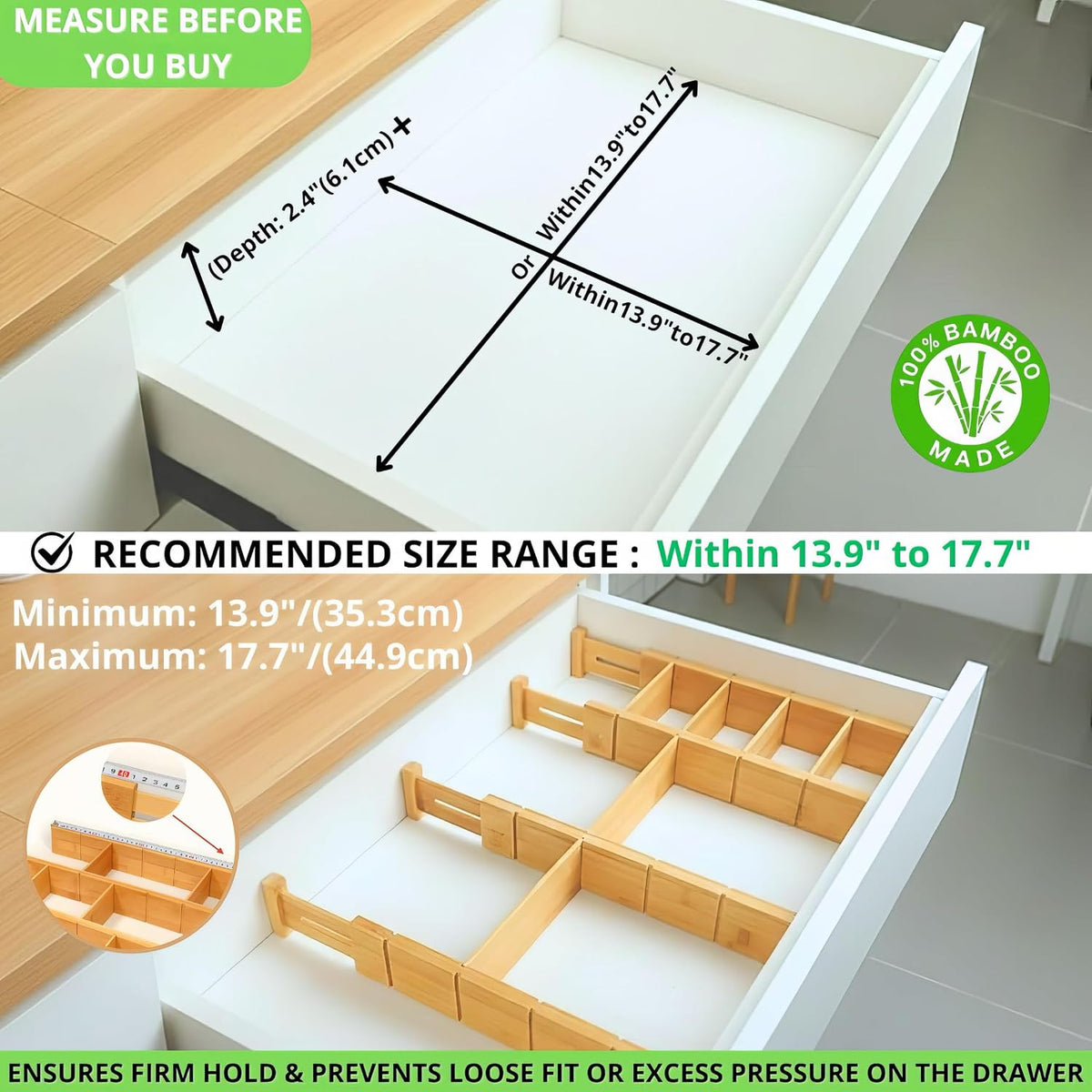 13.9-17.7" Expandable Bamboo Drawer Dividers with Inserts 4-Pack Spring-Loaded with Non-Slip EVA Pads, Adjustable Separator Set for Kitchen,Dresser,Bedroom, Office,Bathroom