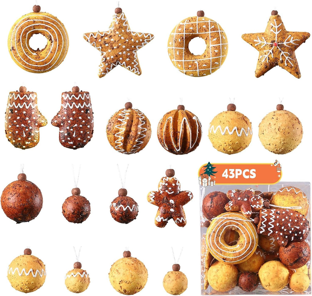43PCS Baking Christmas Ornaments Set, Christmas Gingerbread Decorations Tree Hanging Ball Shatterproof Artificial Xmas Tree Hanging Ball for Indoor Home Holiday New Year Party Decor