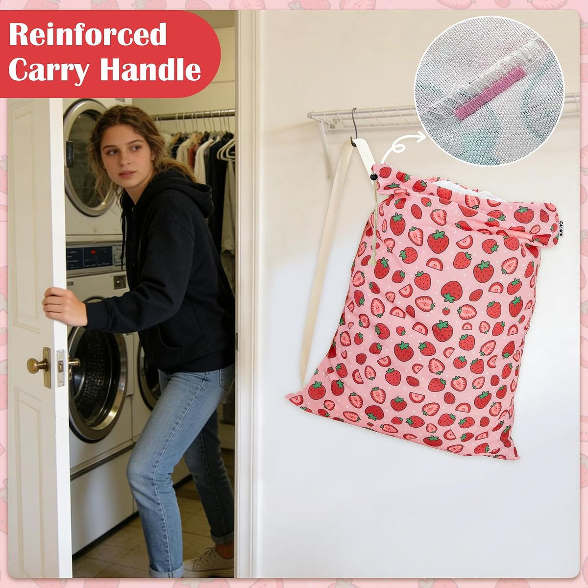 Canvas Laundry Bag with Shoulder Strap Drawstring, Strawberry, 23"W x 29"H