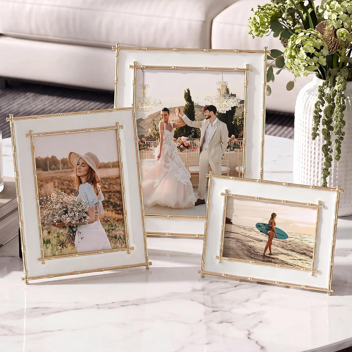 8x10 Picture Frame White Enamel, Gold Bamboo Design Edge, Tabletop, 1pc