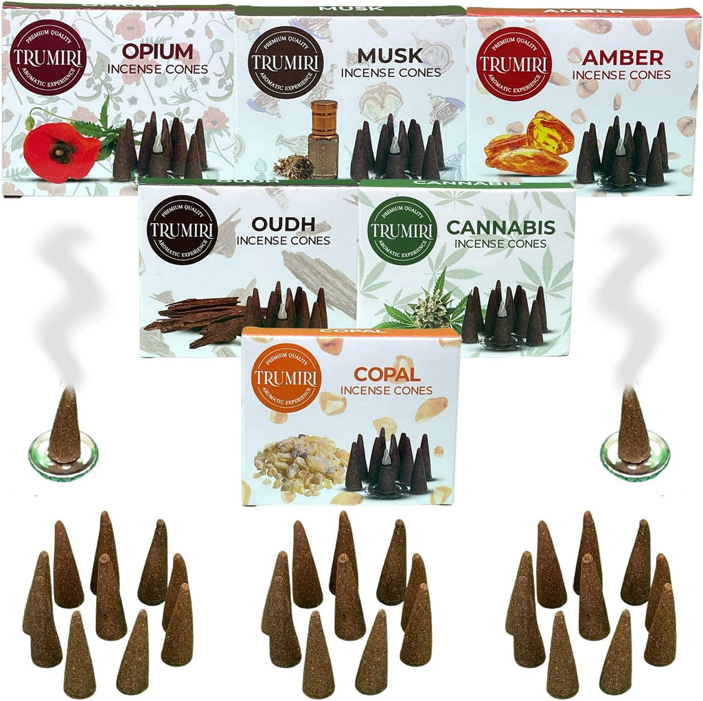 TRUMIRI Exotic Incense Cones - Variety Pack - Total 60 Cone Incense (6 Scents x 10 Conos) - Copal, Oud, Musk, Amber - Cone Incense Scents - Insense Cones - Incent Cone