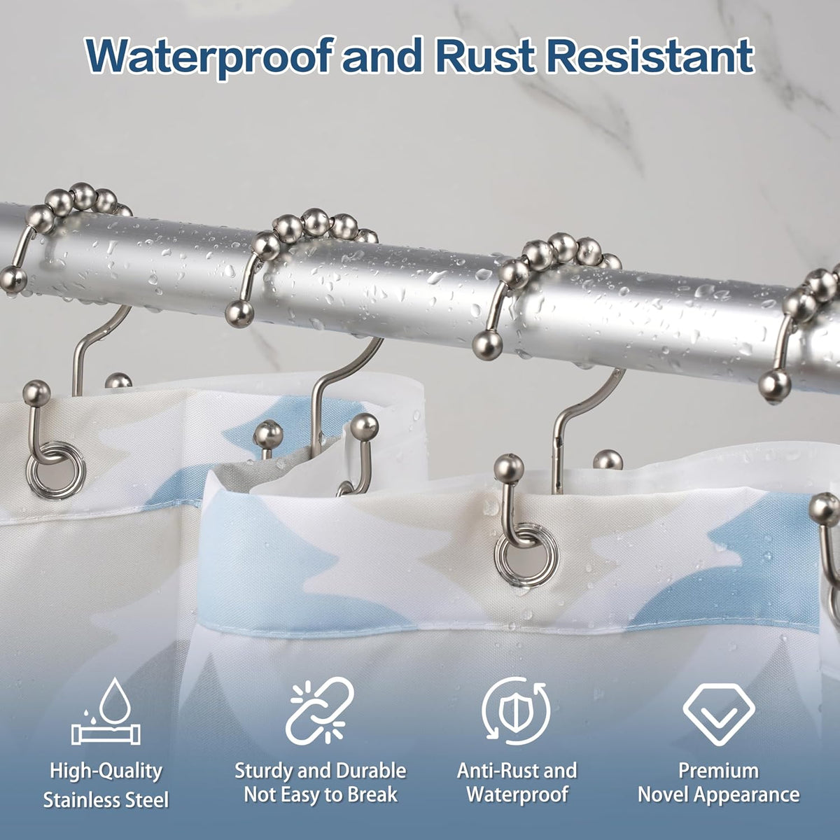 DAWNER Shower Curtain Hooks, Rust Proof Metal Easy Glide Double Rings, Stainless Steel Hangers for Bathroom Curtains, Set of 12, Brushed Nickel (Pack of 3)