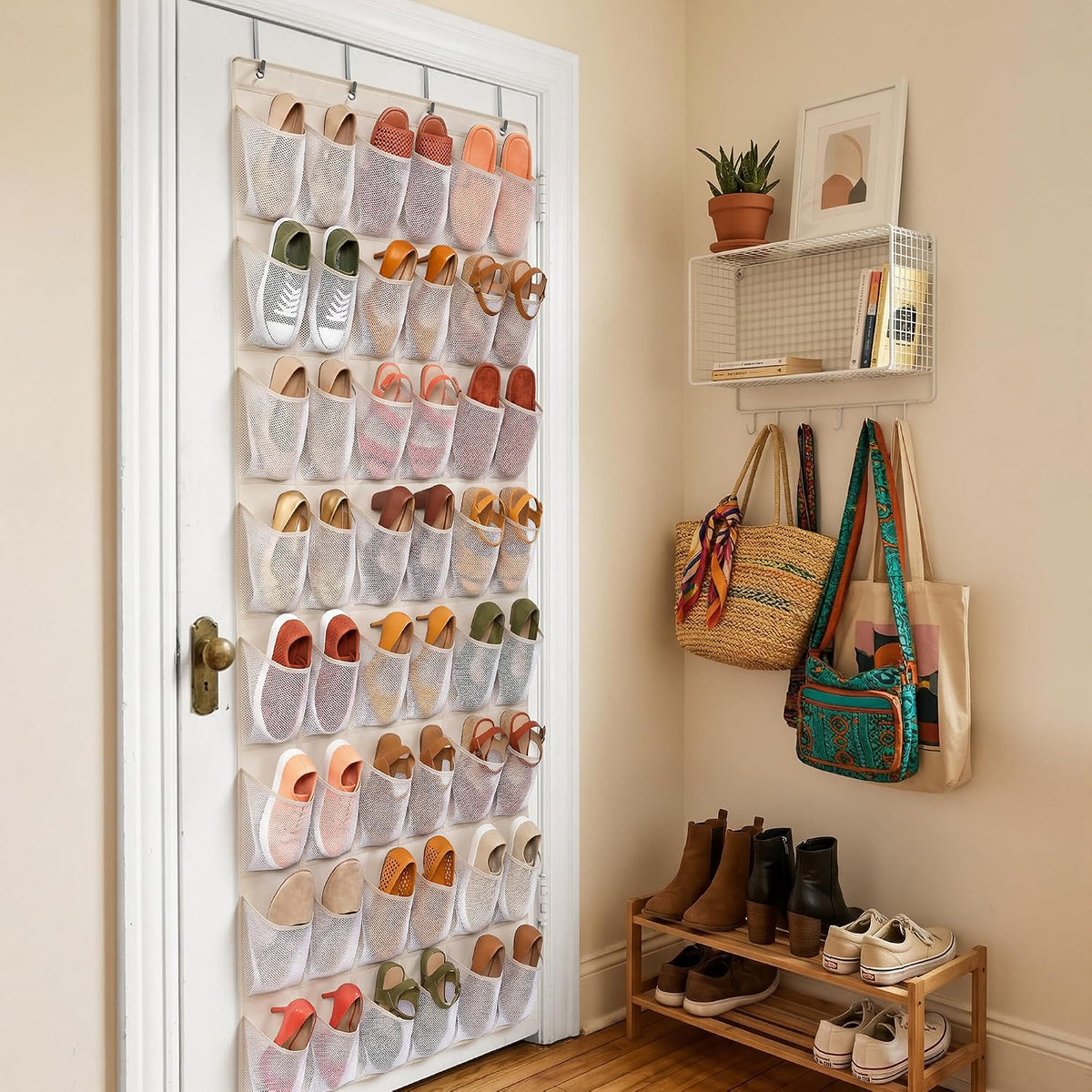 48 Pockets Over the Door Shoe Organizer, Fits Women's Shoes Up to US Size 9, 6-Column Heavy Duty Shoe Storage for Sneakers & Heels, Mesh Hanging Rack for Entryway, Bedroom & Dorm, Beige