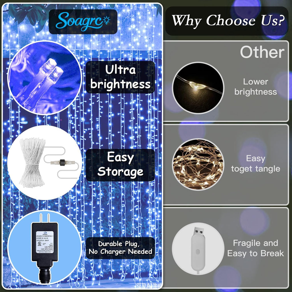 300 LED Blue Curtain String Lights 9.8x9.8FT, Plug in Fairy Lights with 9 Hooks, Dimmable Timer 8 Modes, IP44 Waterproof, Ocean Starry Boys Bedroom Wall Christmas Party Window Indoor Decor