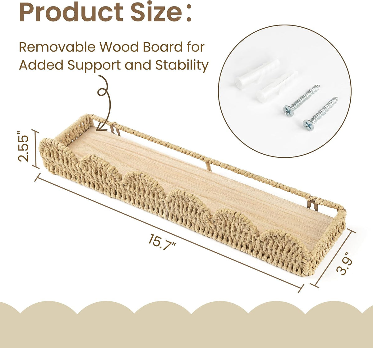 AELS Scalloped Nursery Bookshelf, Set of 4, Picture Ledge Shelf for Wall Decor, Woven Straw Paper Floating Shelves for Books, Toys, Photo Frames, Nursery, Boho Modern Farmhouse Book Shelf, Beige