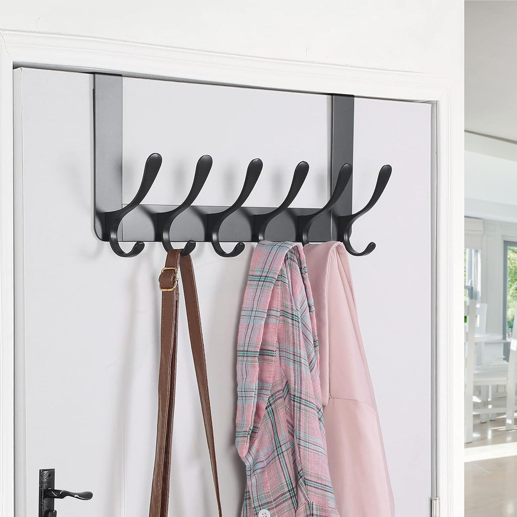 SKOLOO Over The Door Hooks - for Doors up to 4.5cm Thick, No Assembly Required, Stainless Steel Door Hanger with 6 Hooks, Over The Door Hanger for Coats Clothes Hat Towel Jacket, Black