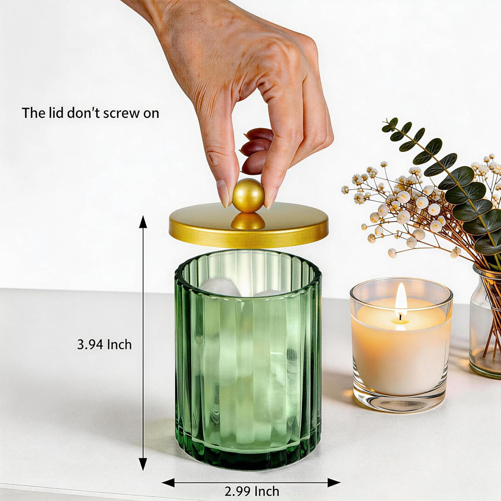 Amolliar Green Glass Qtip Holder Dispenser, Bathroom Canister, Gold 2 Pack