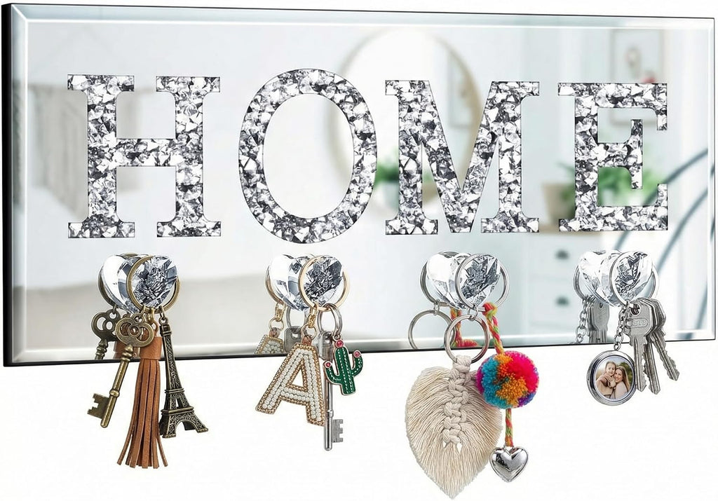 Yalikop Mirrored Key Holder Wall Decor with Heart Hooks, Silver