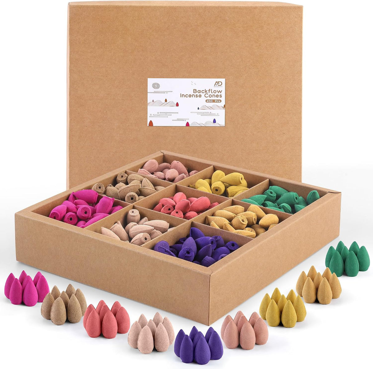Aodaer 450 Colorful Natural Scents Waterfall Incense Cones for Backflow Incense Burner Holder - Natural Meditation and Yoga Gift