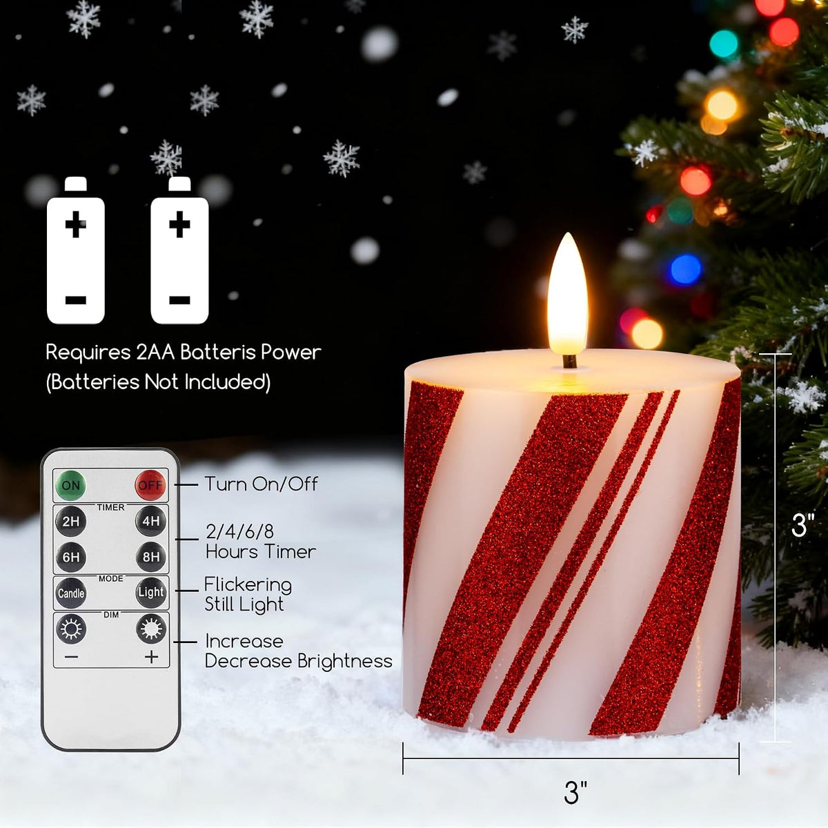 Christmas Candy Cane Stripe Flameless Pillar Candles, Real Wax Red and White Battery Operated Flickering Candles with Timer for Xmas Holiday Home Decoraction, Set of 3(3"x3")
