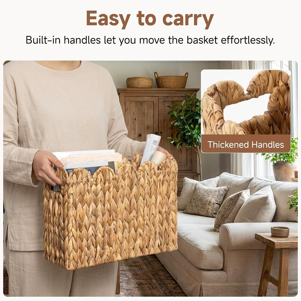 StorageWorks Scalloped Magazine Basket, Wicker Magazine Holder, Book Basket