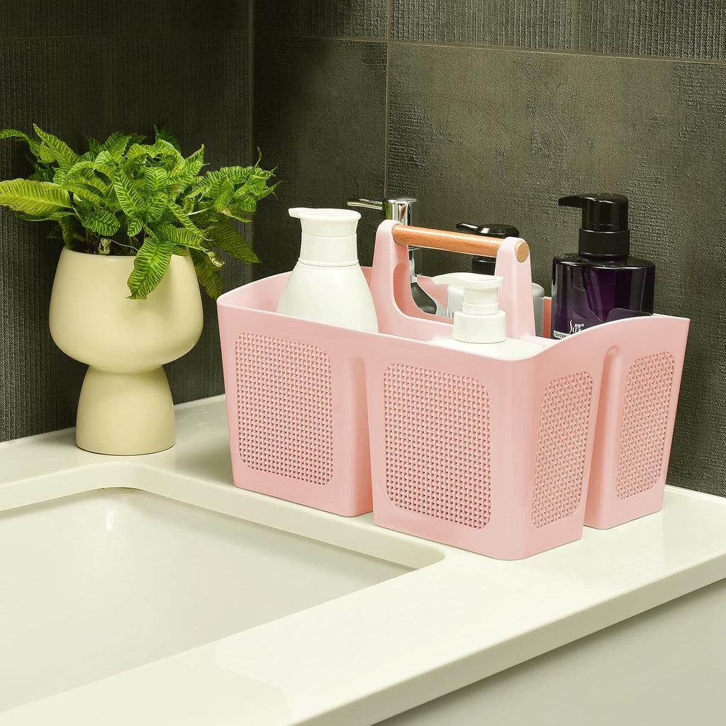 ALINK Portable Shower Caddy Basket with Compartments, Plastic Divided Cleaning Caddy Organizer Storage Tote with Handle for Bathroom, College, Dorm Room Essentials, Pink