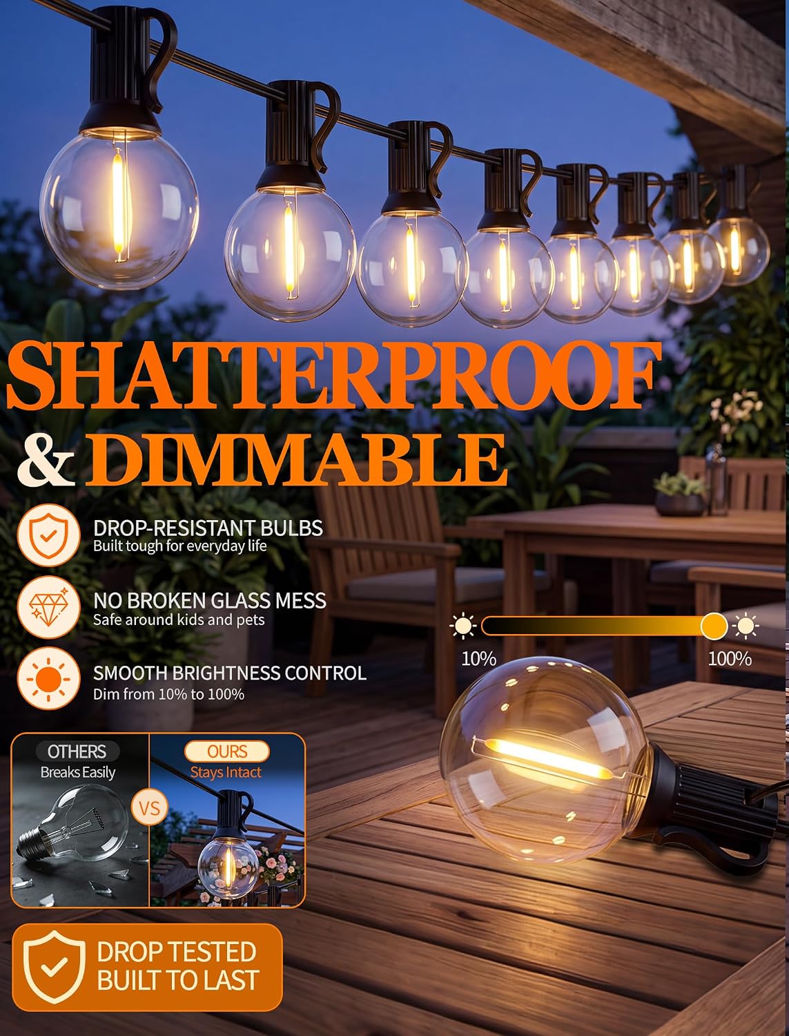 Abeja 100FT G40 LED Outdoor String Lights, 50 Shatterproof Bulbs, Black
