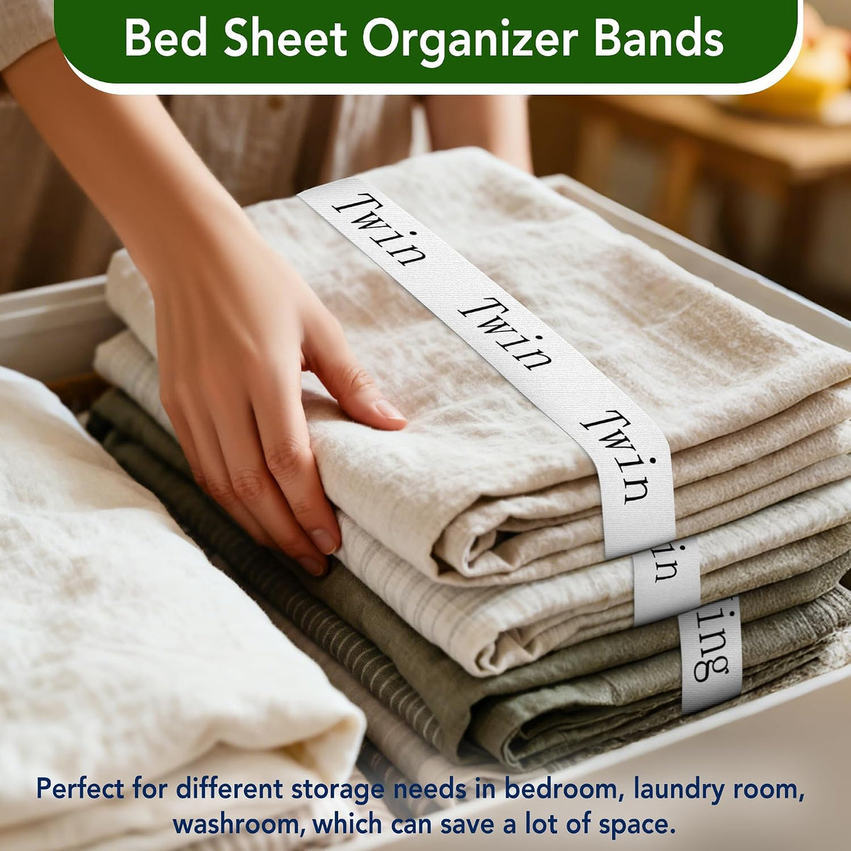 Queen Size Sheet Organizer Bands, 4 pcs Elastic Label Straps for Linen Storage, Closet Organization for Queen Size Bedding Sets