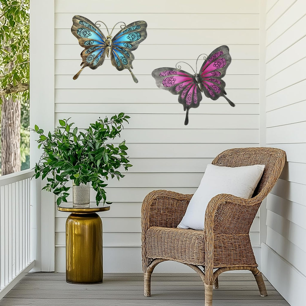 LIFFY Metal Butterfly Wall Decor,2Pack 12" Glass Butterfly Outdoor Wall Art Sculptures,Hanging Garden Decor Outside for Home,Yard,Fence,Patio