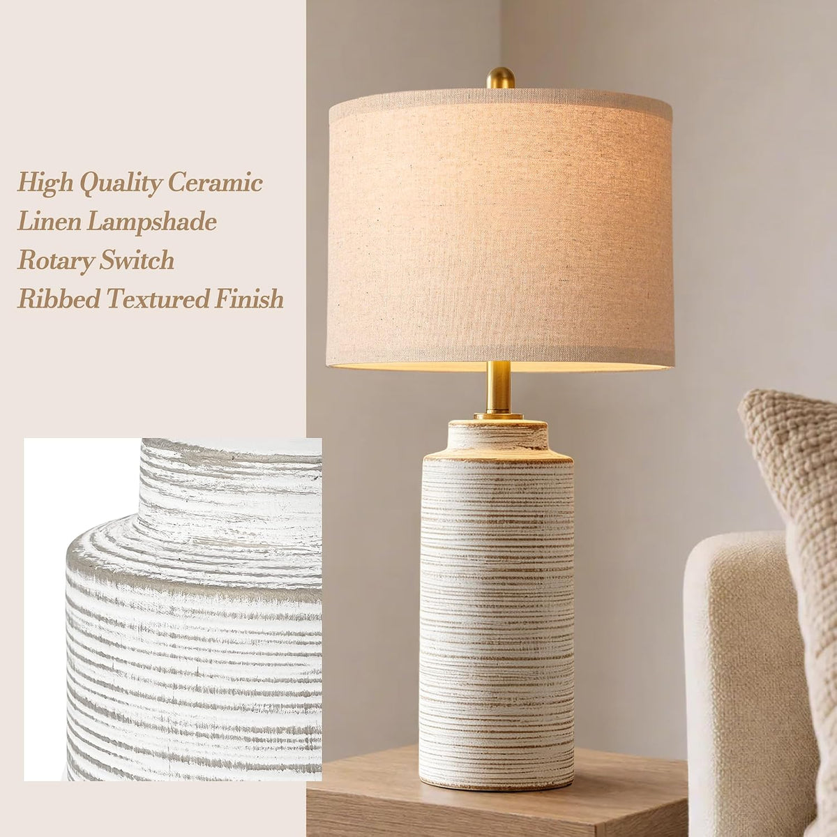 PARTPHONER 27" Vintage Ceramic Table Lamp Set of 2, Farmhouse Bedside Lamps with Ribbed Textured Finish, Rustic Nightstand Lamps for Living Room Bedroom End Tables Home Decor