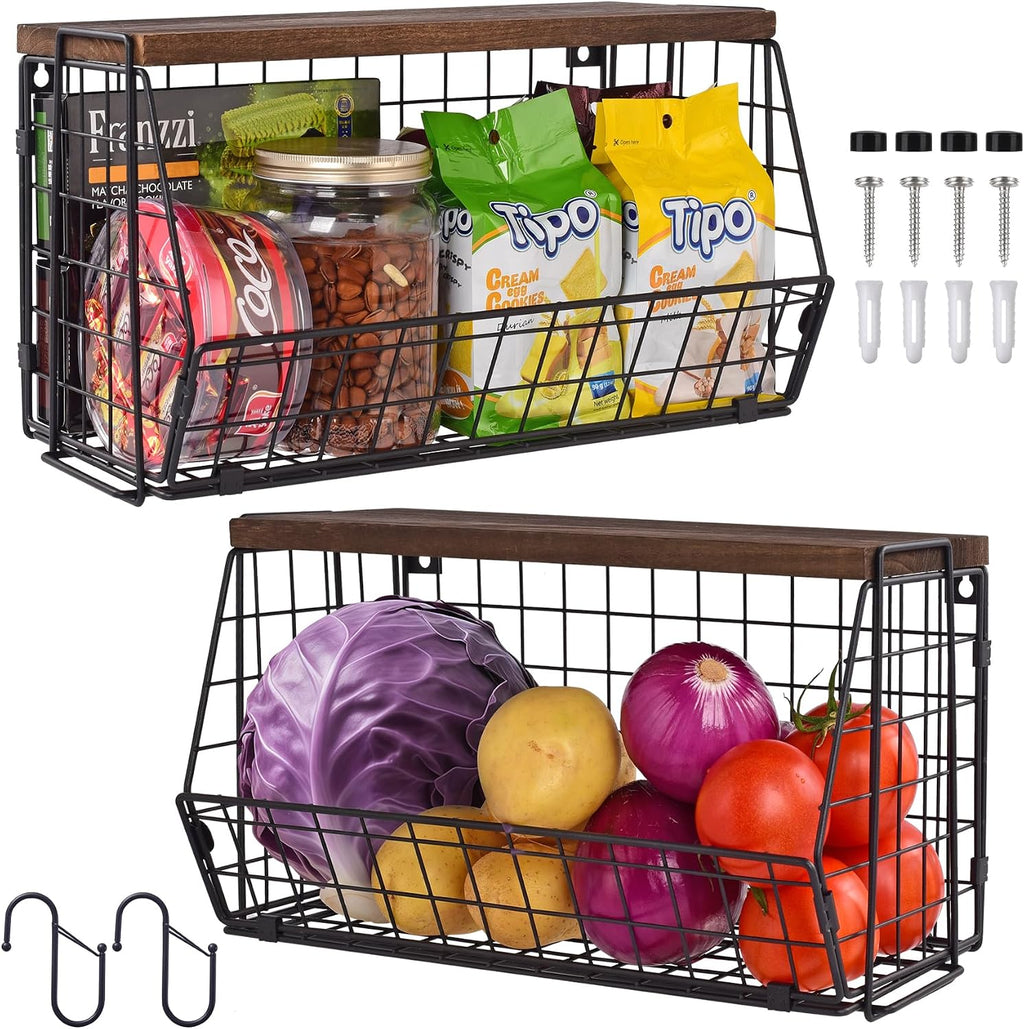 Wall Hanging Baskets 2 Pack Wooden Top Floating Wire Shelves (Extra Large)