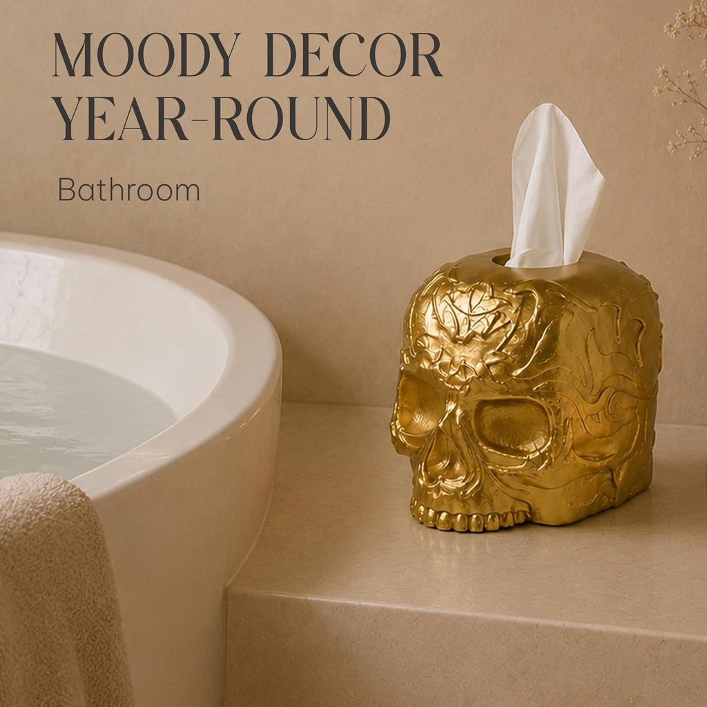 Gothic Skull Tissue Box Cover, Gold, Square by Death Decor