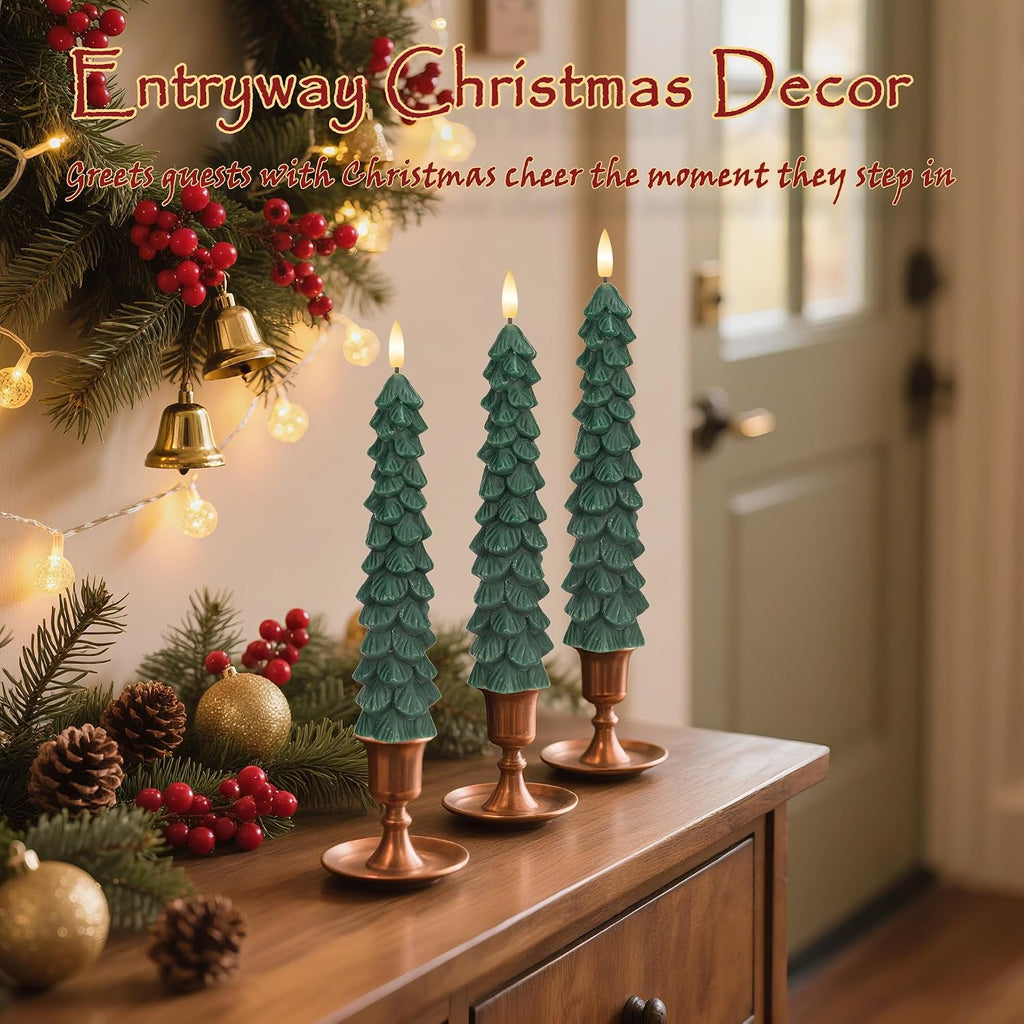 JOIONE Flameless Christmas Tree Taper Candles with Remote Set of 3, Green