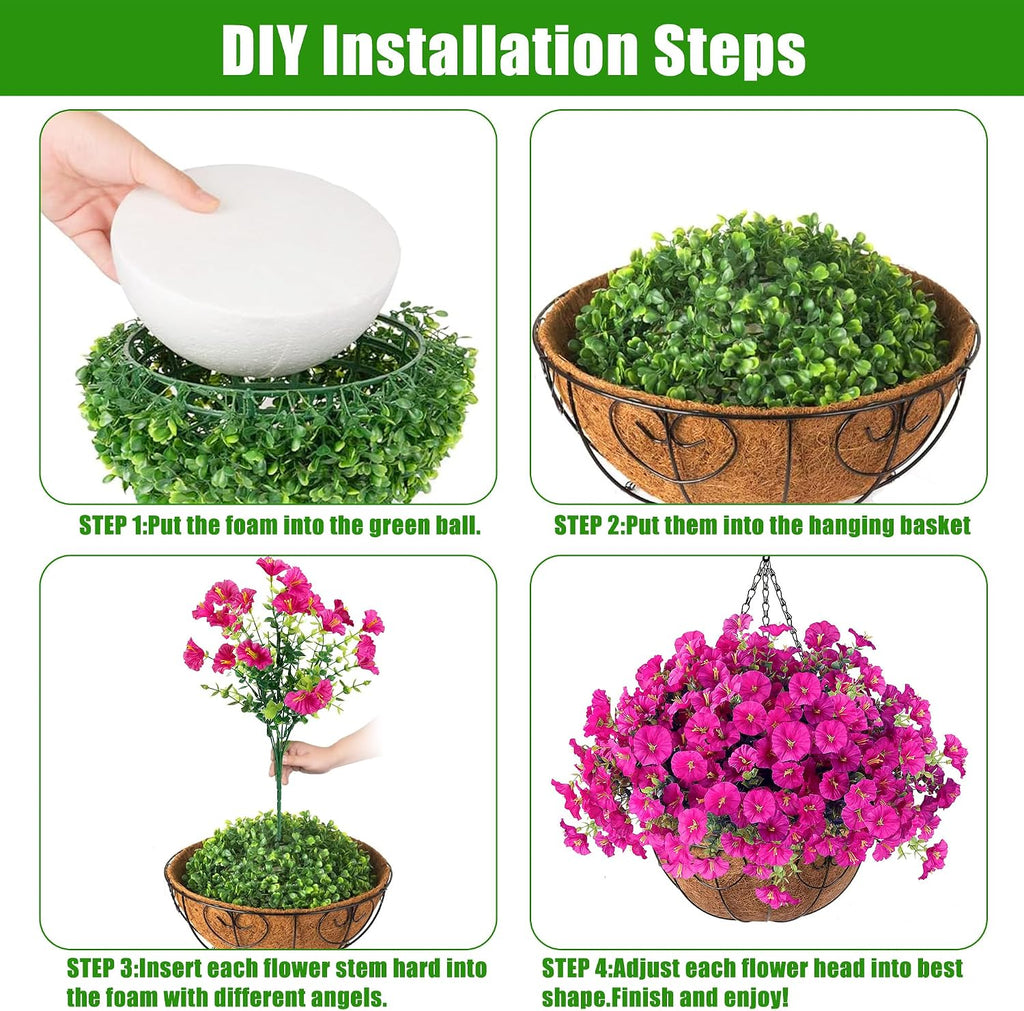 Sggvecsy Artificial Flowers for Outdoors with Baskets Hanging Plant Faux Flowers UV Resistant Fake Silk Morning Glory with Eucalyptus for Planter Porch Garden Home Spring Summer Decoration(Fuchsia)
