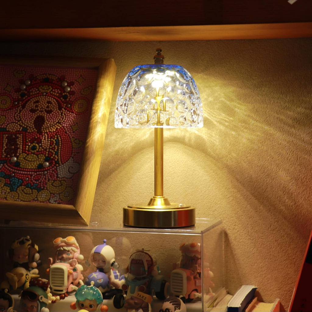 Cordless Rechargeable Table Lamp, Vintage Art Glass Shade, Dimmable, Blue