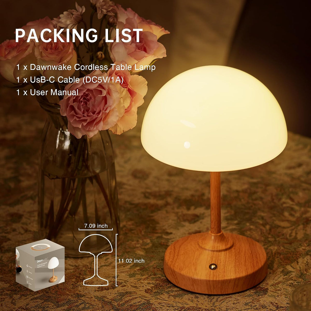 Dawnwake Mushroom Lamp Cordless Lamp for Bedroom-Shower Lamp Waterproof