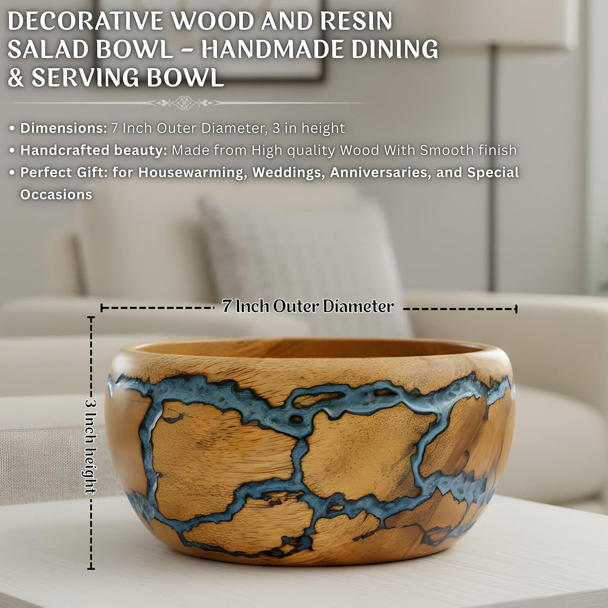 Decorative Wooden Bowl, Handcrafted Blue Resin Serving Bowl for Salad, Fruit & Kitchen Table Décor Bowl (Medium)