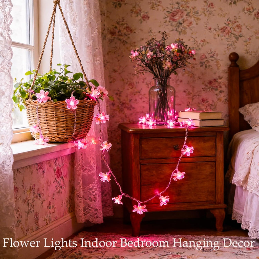 33ft 100 LED Plug in Pink Fairy Flower Holiday String Lights for Dorm Decor