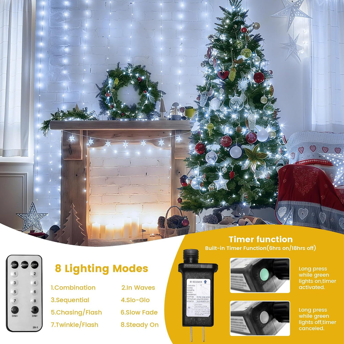 Christmas Lights Outdoor, 66ft 200LED White Christmas String Lights -Remote