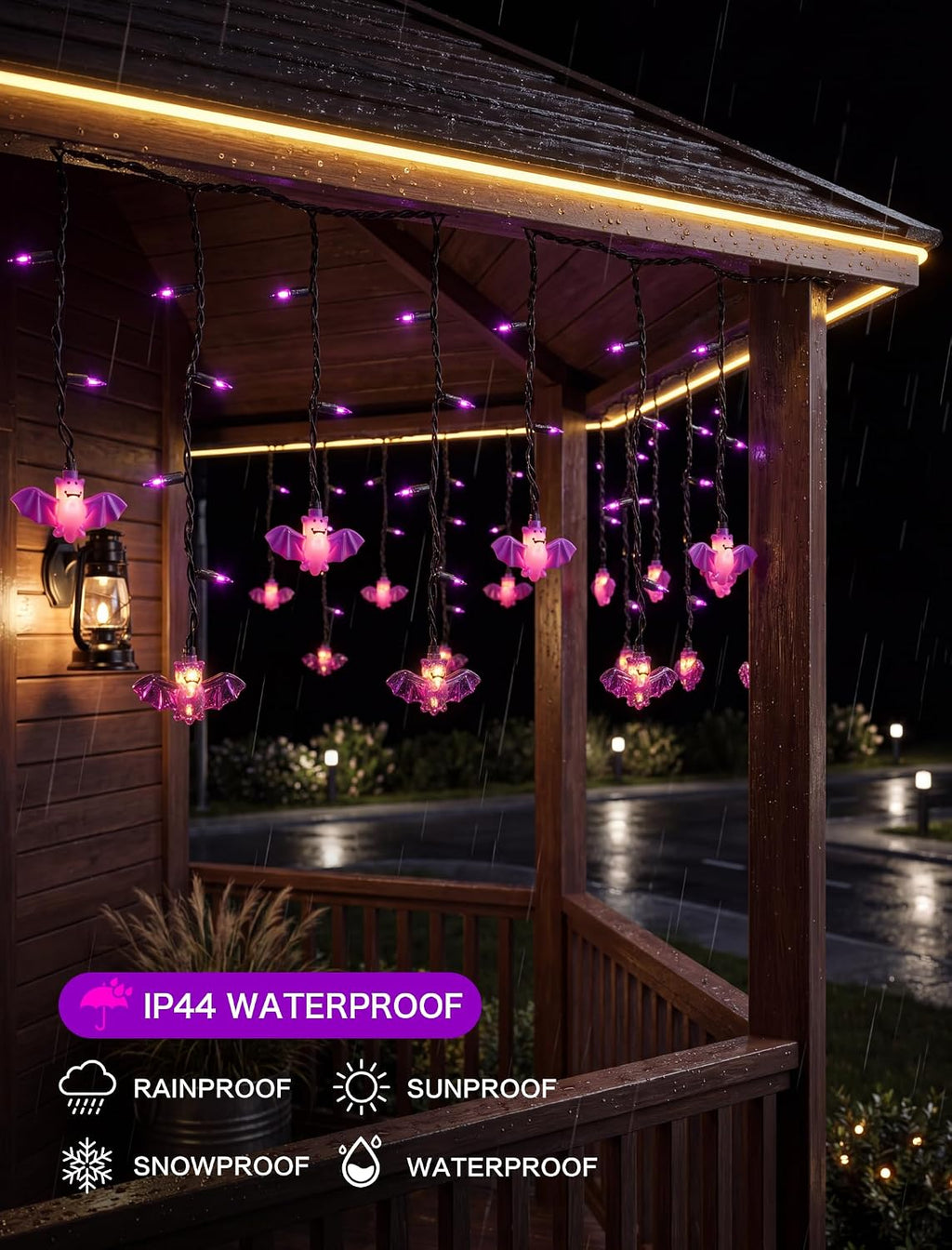 SUNSGNE Halloween Bat Curtain Lights, 7FT 50 LED Purple Window Decor