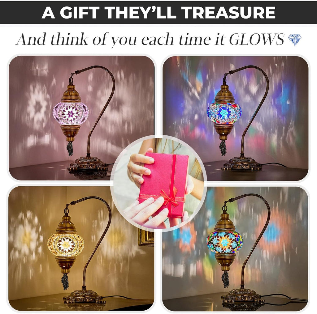 DEMMEX Turkish Moroccan Mosaic Table Lamp – Handcrafted Tiffany-Style Colorful Glass Swan Neck Bedside, Desk, Table Light, Boho Artisan Accent Lighting for Bedroom or Living Room – 15" H, Pink
